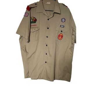 Boy Scouts of America Mens Beige Short Sleeve Logo Patches Uniform Shirt Size XL